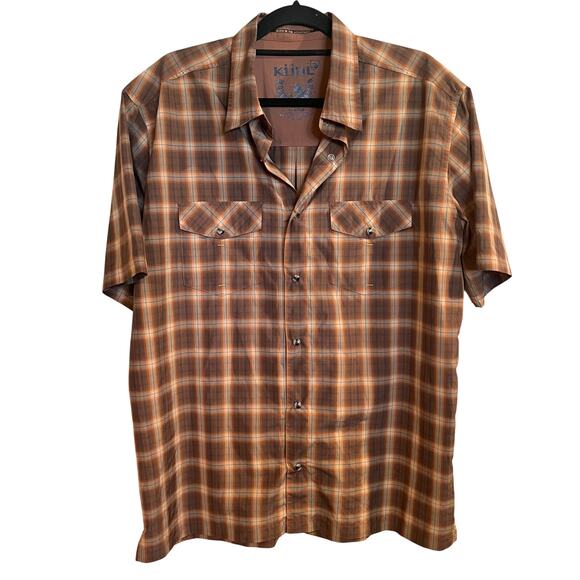 Kuhl Short Sleeve Shirt Pearl Snap Front Konquer Orange Brown Plaid Mens XLarge - Picture 1 of 5